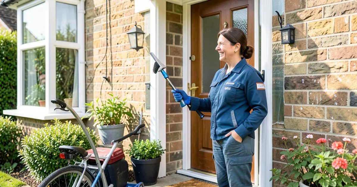 Happy homeowner booking a regular window cleaning visit with a cleaner at her front door