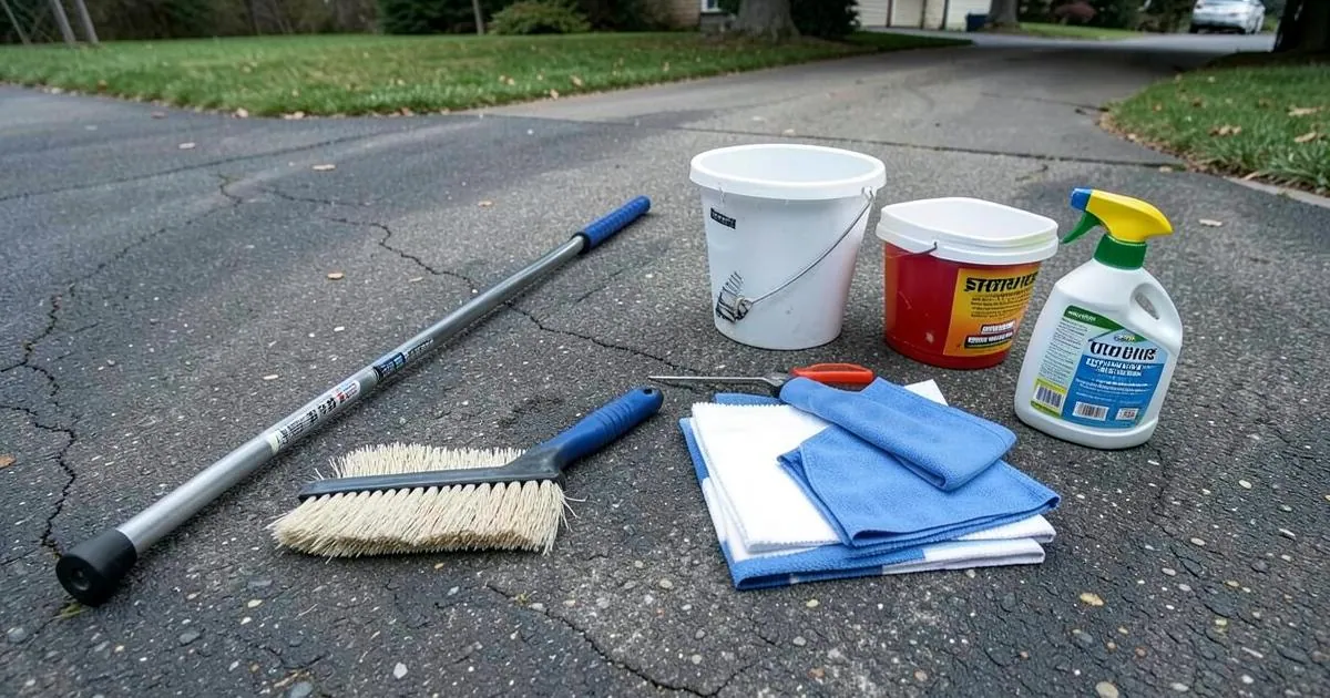 Window cleaning starter kit laid out on a driveway with pole, brush, squeegee and buckets