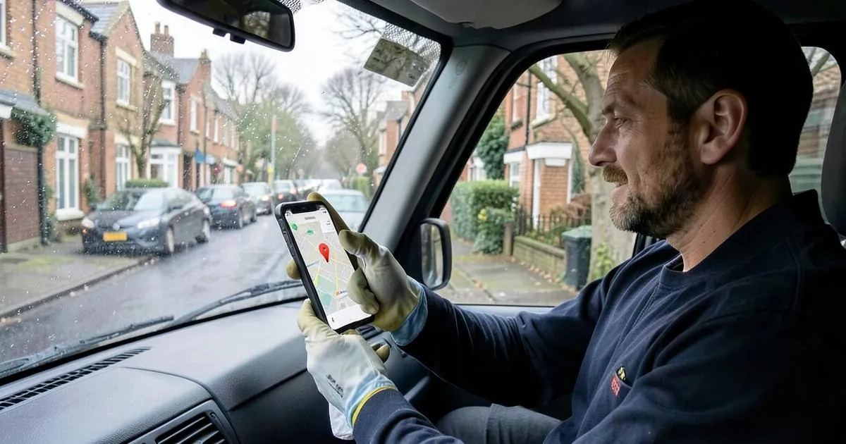 Window cleaner checking a glowing five-star customer review on his phone beside his van