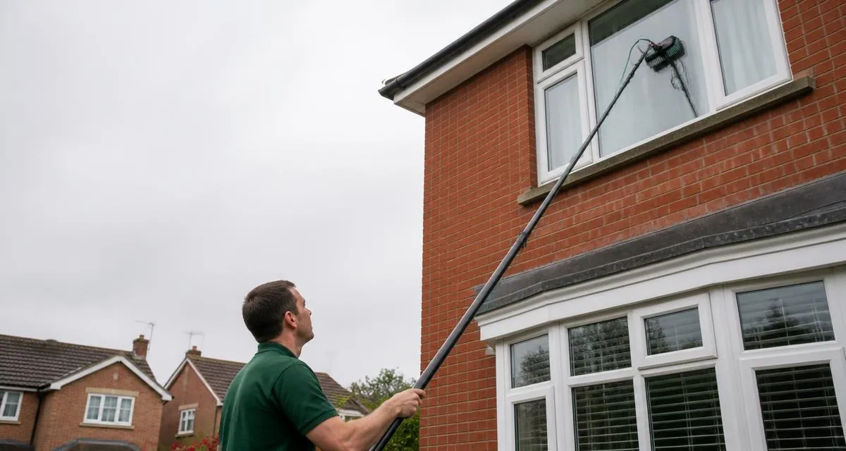 Window cleaner comparing per-window and per-property pricing notes beside a British semi