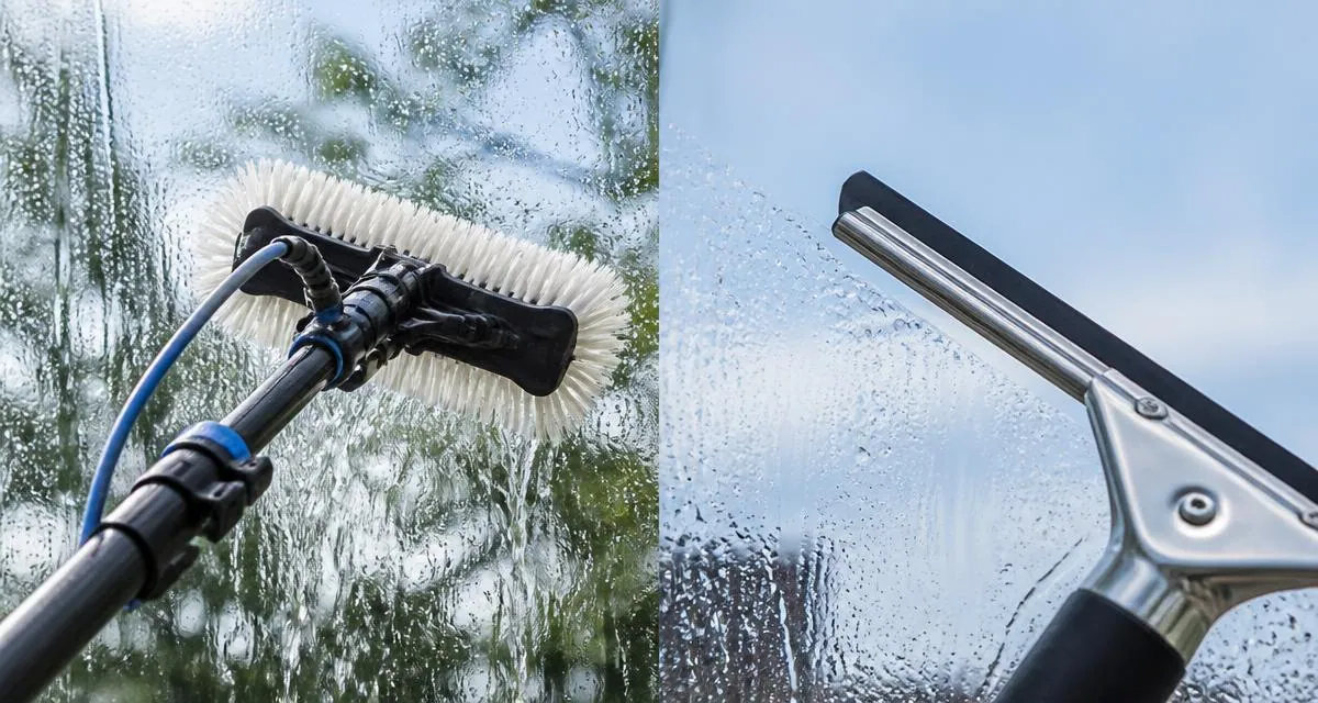 Water-fed pole brush head beside a traditional rubber squeegee on wet glass