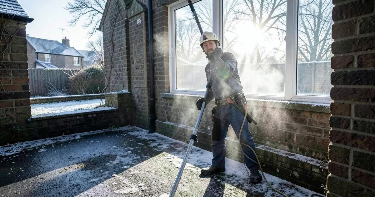 Window cleaner working with a water-fed pole on a frosty British winter morning